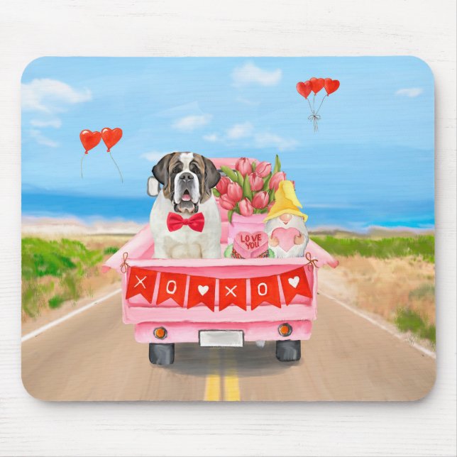 Saint Bernard Dog Valentine's Day Truck Hearts Mouse Pad (Front)