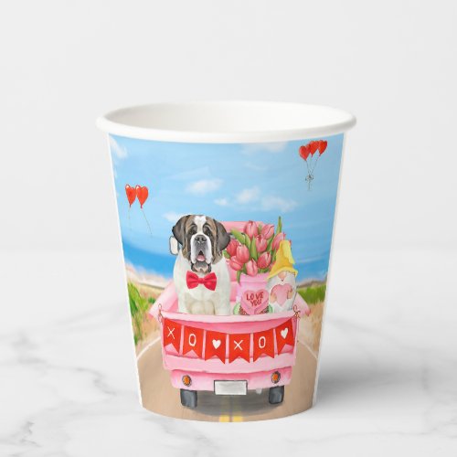 Saint Bernard Dog Valentines Day Truck Hearts Paper Cups