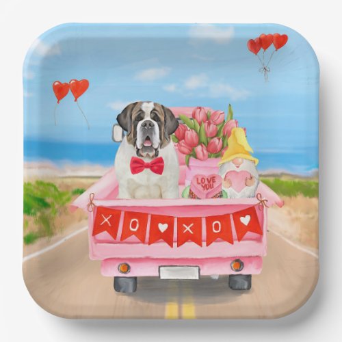 Saint Bernard Dog Valentines Day Truck Hearts Paper Plates
