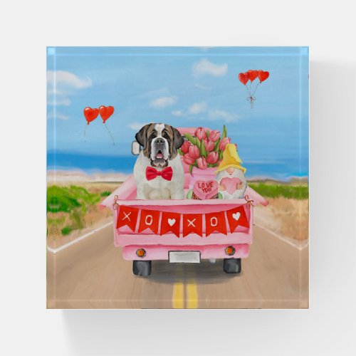 Saint Bernard Dog Valentines Day Truck Hearts Paperweight