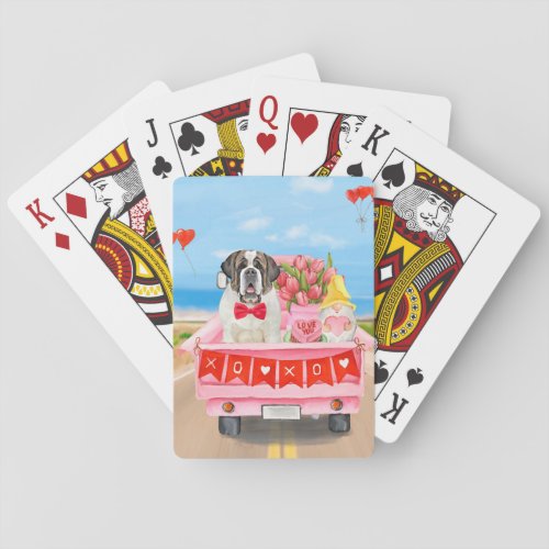 Saint Bernard Dog Valentines Day Truck Hearts Poker Cards