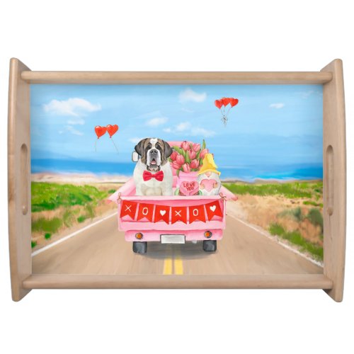 Saint Bernard Dog Valentines Day Truck Hearts Serving Tray