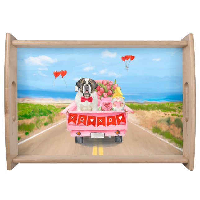 Saint Bernard Dog Valentine's Day Truck Hearts Serving Tray (Front)