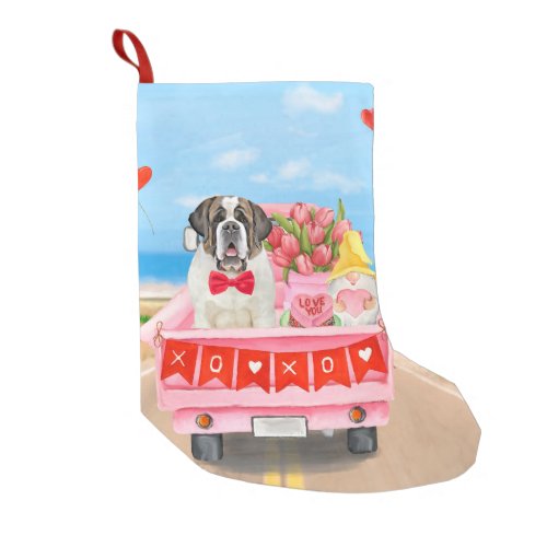 Saint Bernard Dog Valentines Day Truck Hearts Small Christmas Stocking