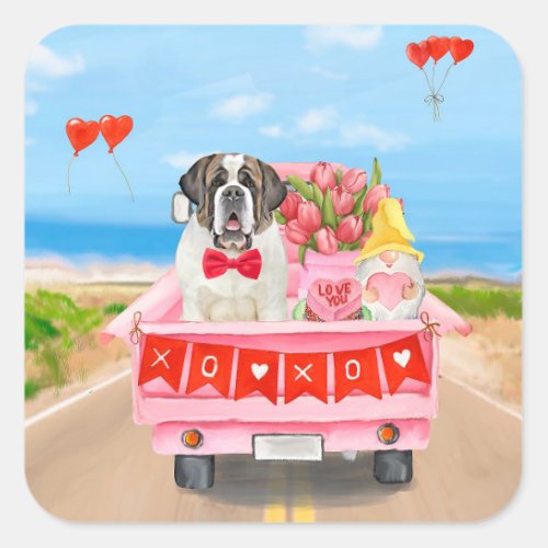 Saint Bernard Dog Valentines Day Truck Hearts Square Sticker