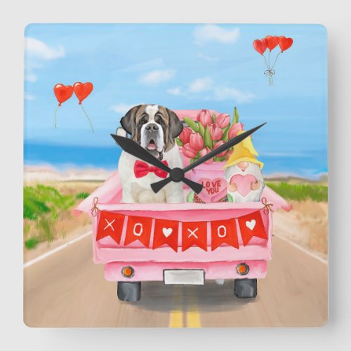 Saint Bernard Dog Valentines Day Truck Hearts Square Wall Clock