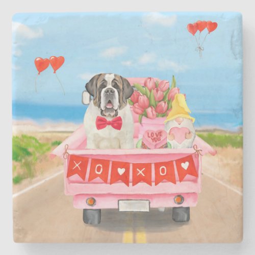 Saint Bernard Dog Valentines Day Truck Hearts Stone Coaster