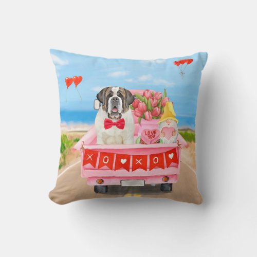 Saint Bernard Dog Valentines Day Truck Hearts  Throw Pillow