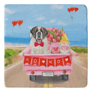 Saint Bernard Dog Valentine's Day Truck Hearts Trivet