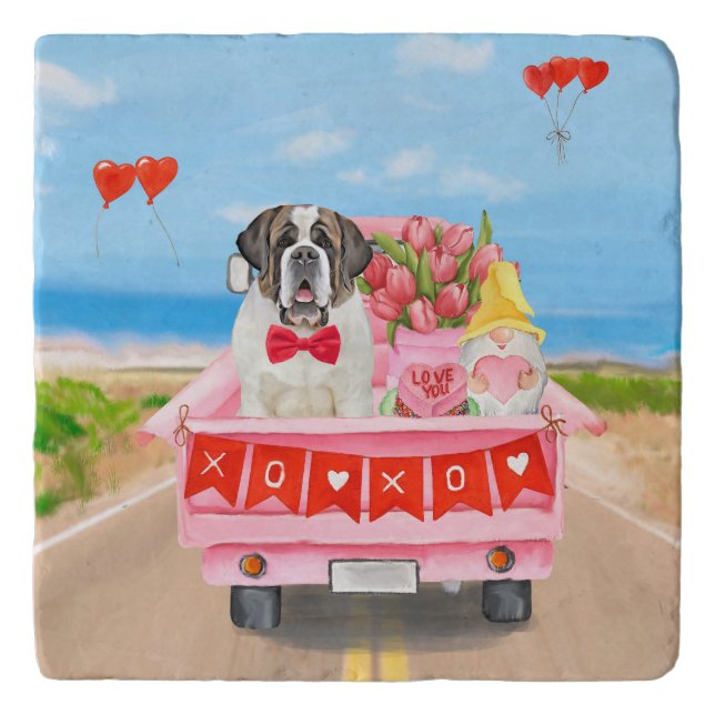 Saint Bernard Dog Valentine's Day Truck Hearts Trivet (Front)