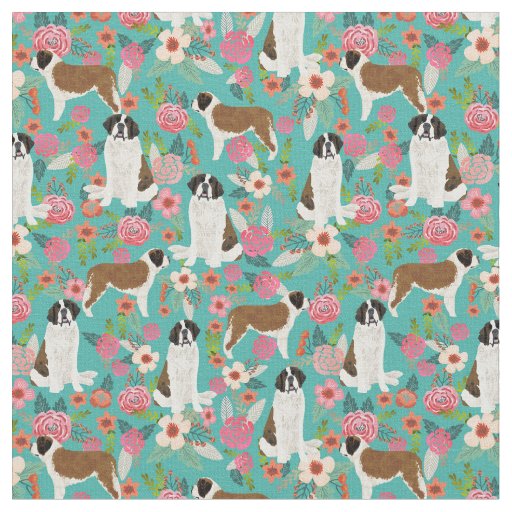 Saint Bernard dog vintage florals turquoise Fabric
