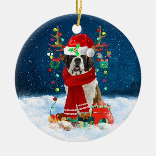Saint Bernard dog with Christmas gifts  Ceramic Ornament (Front)