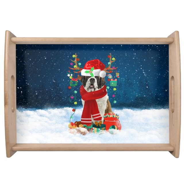 Saint Bernard dog with Christmas gifts  Serving Tray (Front)