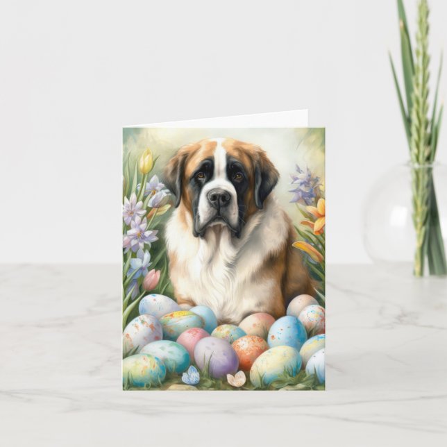 Saint Bernard Dog with Easter Eggs Holiday  Card (Front)