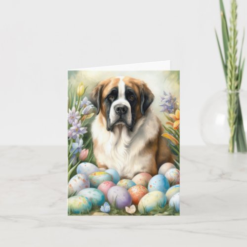 Saint Bernard Dog with Easter Eggs Holiday  Card