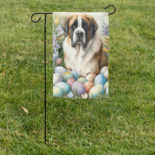 Saint Bernard Dog with Easter Eggs Holiday  Garden Flag