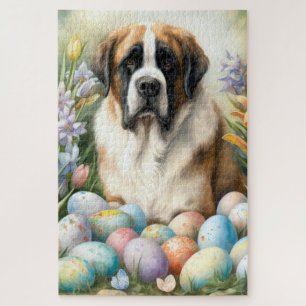 Saint Bernard Dog with Easter Eggs Holiday Jigsaw Puzzle