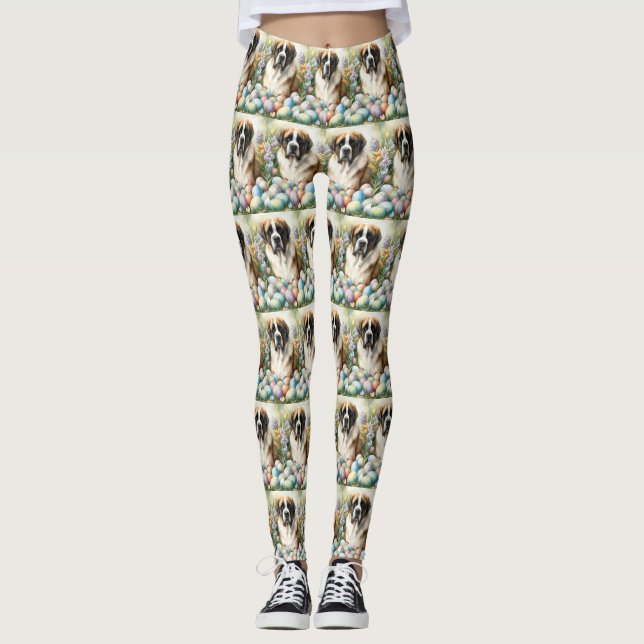 Saint Bernard Dog with Easter Eggs Holiday  Leggings (Front)