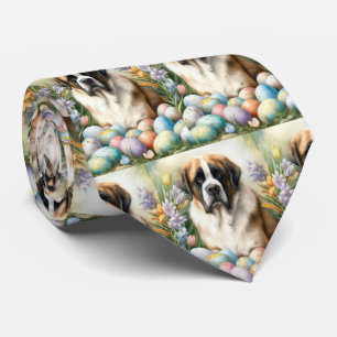 Saint Bernard Dog with Easter Eggs Holiday Neck Tie