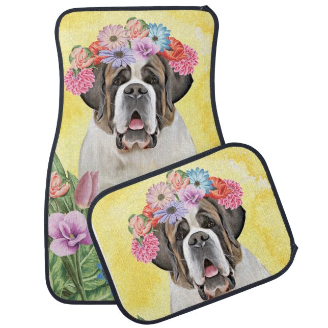 Saint Bernard Dog with Flowers Car Floor Mat (Set)