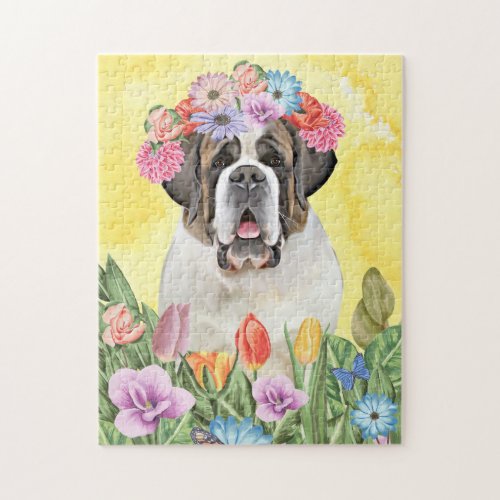 Saint Bernard Dog with Flowers Spring Jigsaw Puzzle