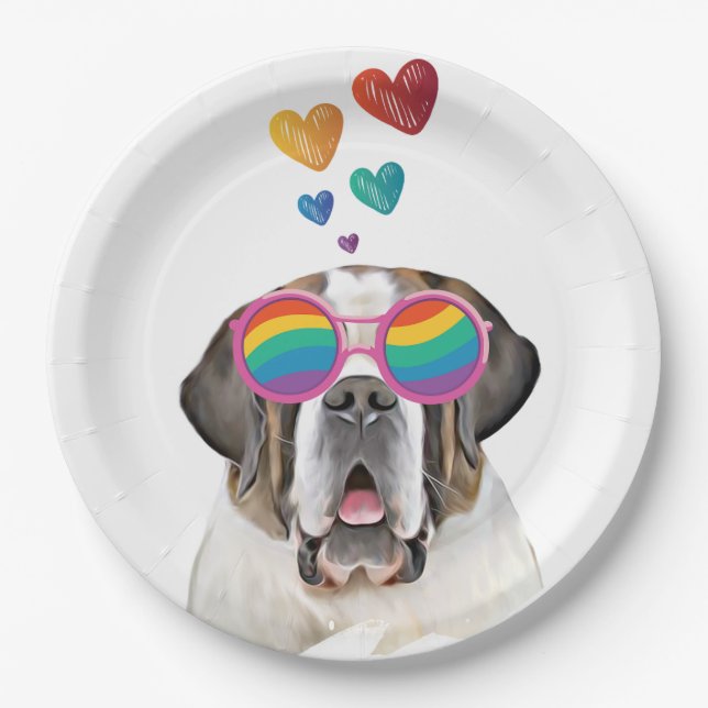 Saint Bernard Dog with Hearts Valentine's Day  Paper Plates (Front)