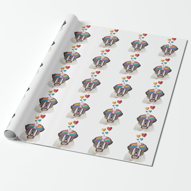 Saint Bernard Dog with Hearts Valentine's Day Wrapping Paper (Unrolled)