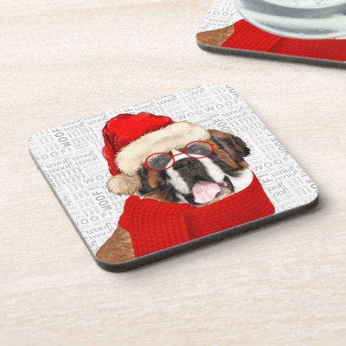 Saint Bernard Dog Woof Word Art Holiday Beverage Coaster