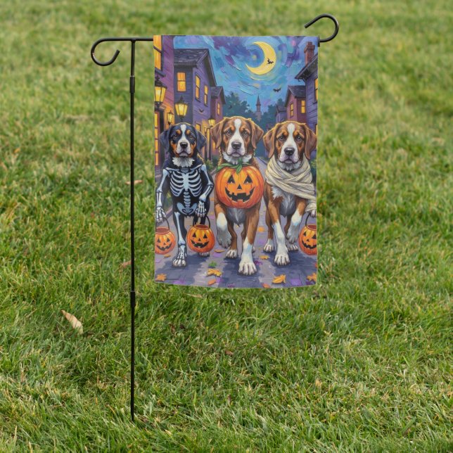Saint Bernard Dogs in Halloween Costumes Garden Flag (In SItu)