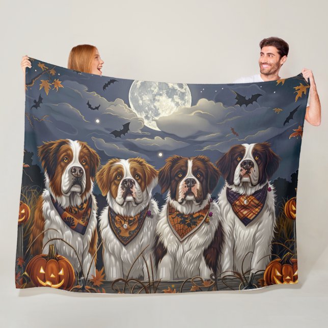 Saint Bernard Halloween Spooky Fleece Blanket (In Situ)