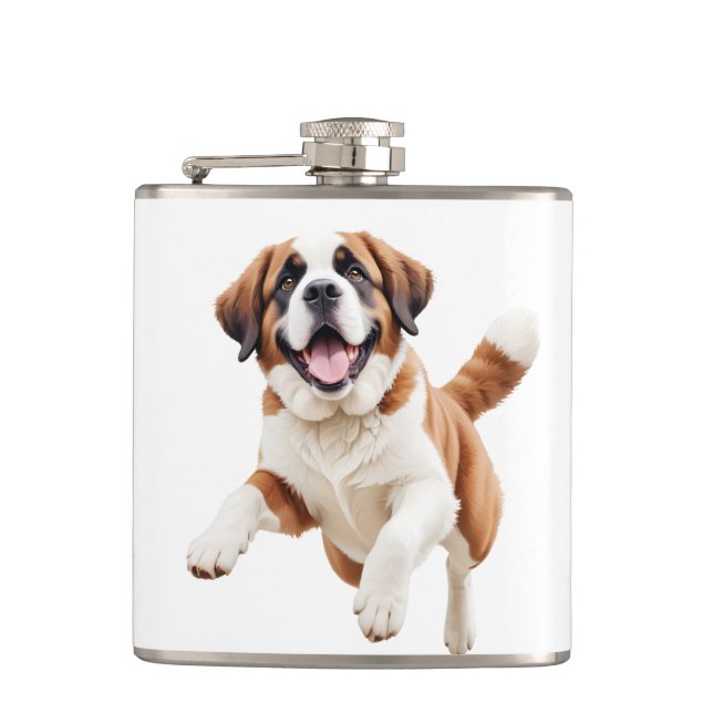 Saint Bernard Happy Playful Fun Jumping In The Air Flask (Front)