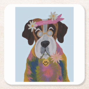 Saint Bernard Hippie Square Paper Coaster