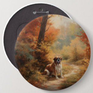 Saint Bernard in Autumn Leaves Fall Inspire Button