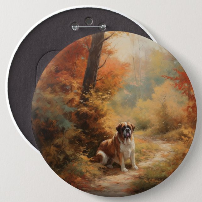 Saint Bernard in Autumn Leaves Fall Inspire Button (Front & Back)