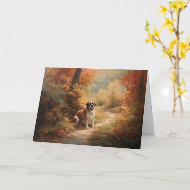 Saint Bernard in Autumn Leaves Fall Inspire Card (Yellow Flower)
