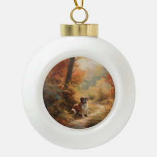 Saint Bernard in Autumn Leaves Fall Inspire Ceramic Ball Christmas Ornament