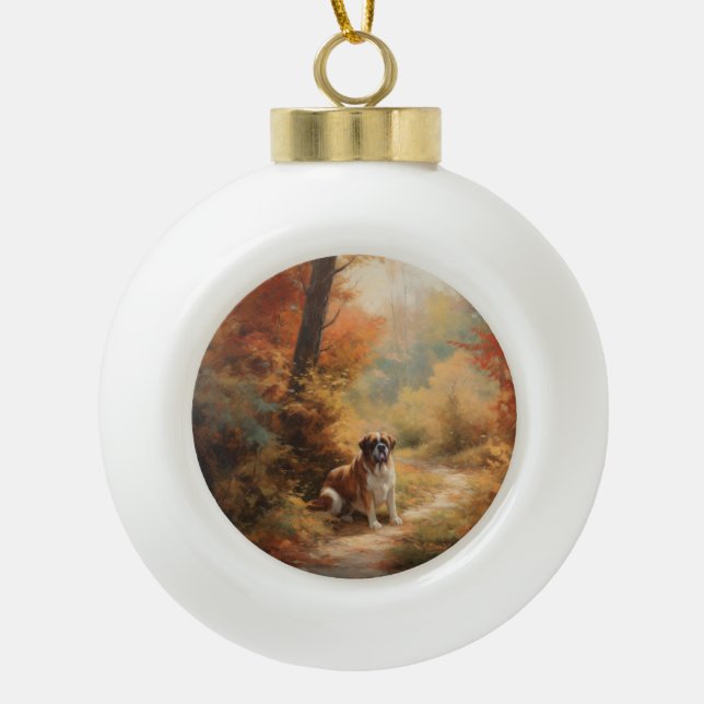 Saint Bernard in Autumn Leaves Fall Inspire Ceramic Ball Christmas Ornament (Front)