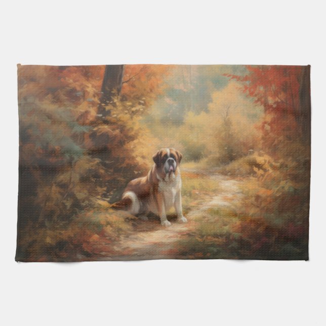 Saint Bernard in Autumn Leaves Fall Inspire Kitchen Towel (Horizontal)