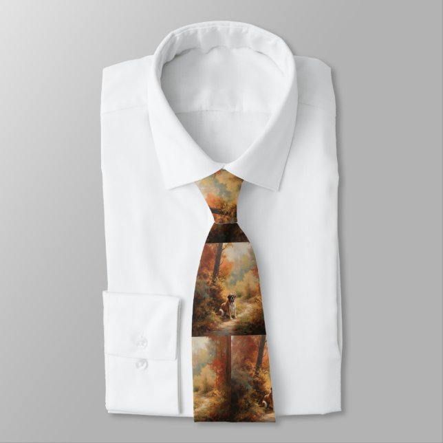 Saint Bernard in Autumn Leaves Fall Inspire Neck Tie (Tied)