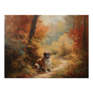 Saint Bernard in Autumn Leaves Fall Inspire Poster