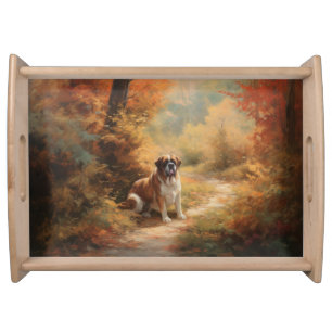 Saint Bernard in Autumn Leaves Fall Inspire Serving Tray