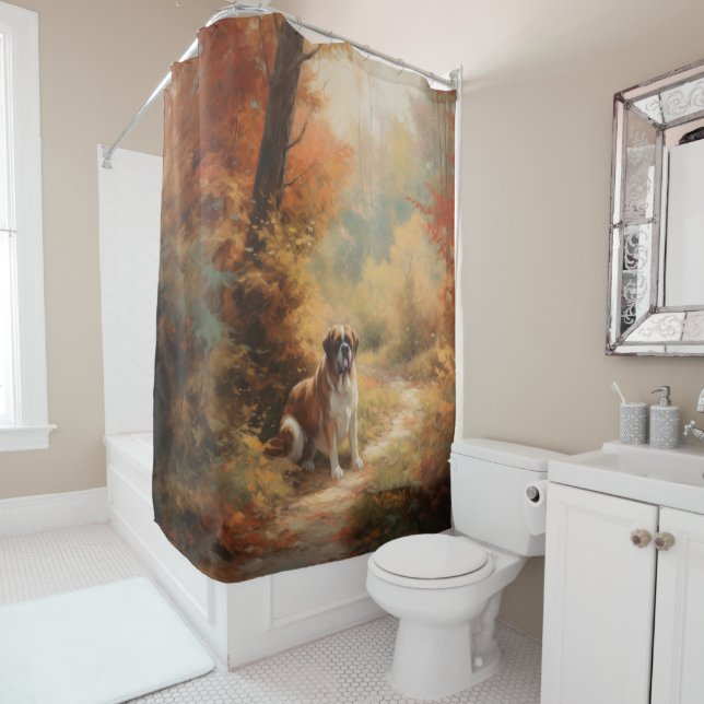 Saint Bernard in Autumn Leaves Fall Inspire Shower Curtain (In Situ)