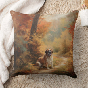 Saint Bernard in Autumn Leaves Fall Inspire Throw Pillow