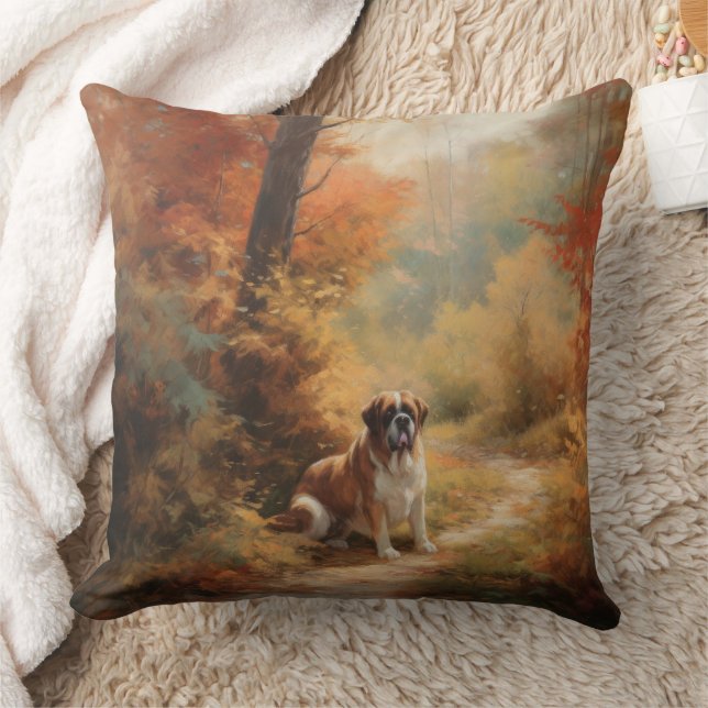 Saint Bernard in Autumn Leaves Fall Inspire Throw Pillow (Blanket)