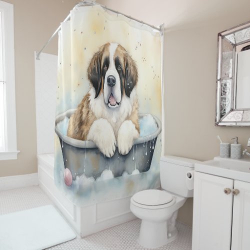 Saint Bernard In Bathtub Watercolor Dog Art Shower Curtain