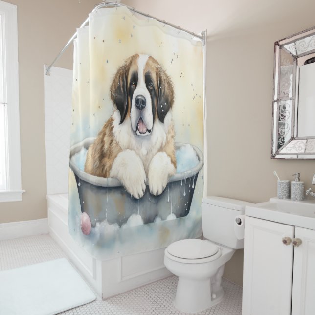 Saint Bernard In Bathtub Watercolor Dog Art Shower Curtain (In Situ)