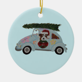 Saint Bernard in Hippie Car at Christmas Ceramic Ornament