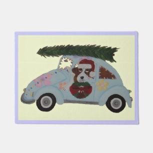 Saint Bernard in Hippie Car at Christmas Doormat