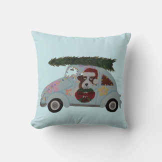 Saint Bernard in Hippie Car at Christmas Throw Pillow