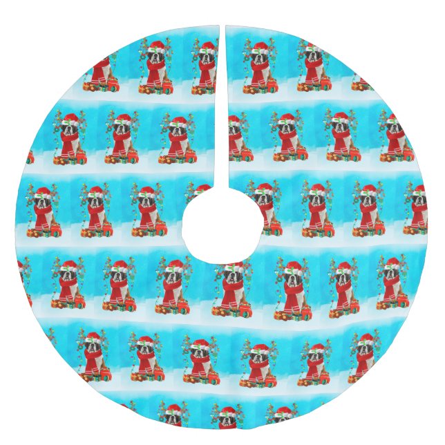 Saint Bernard in snow with Christmas gifts  Brushed Polyester Tree Skirt (Front)